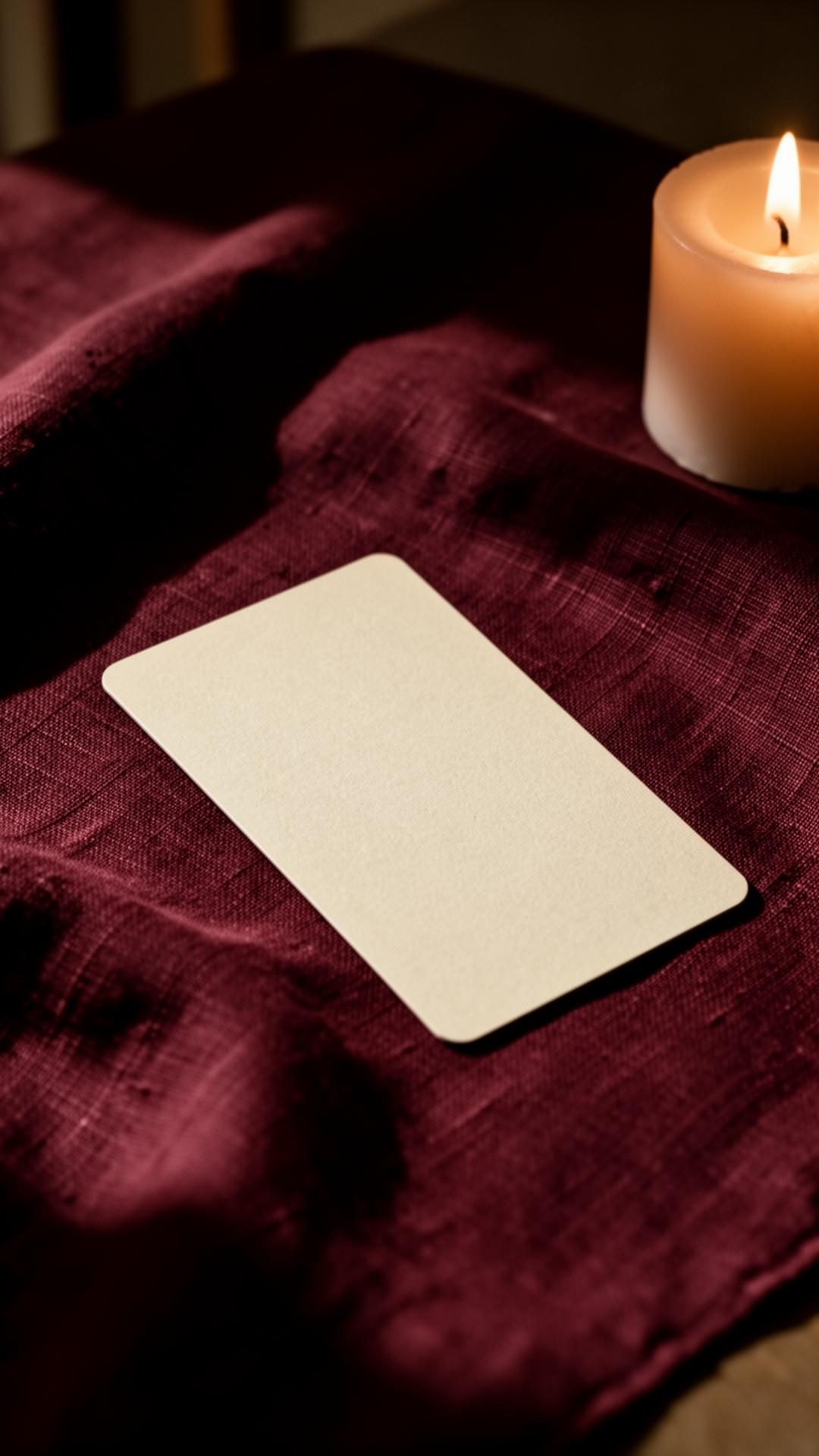 A single tarot card lying face-down on dark linen, lit by candlelight